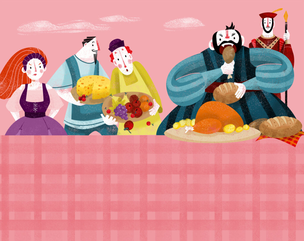 Illustration of figures at a table with food on it
