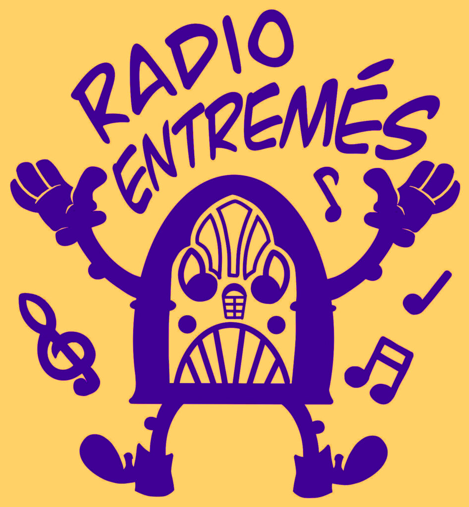 Click here to read more about Radio Entremes. Radio Entremes logo with a radio who has a face, arms, and legs, surrounded by musical notes