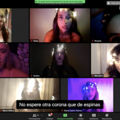 Zoom meeting with the attendees wearing lights around their head. The caption reads "no espero otra corona que de espinas"