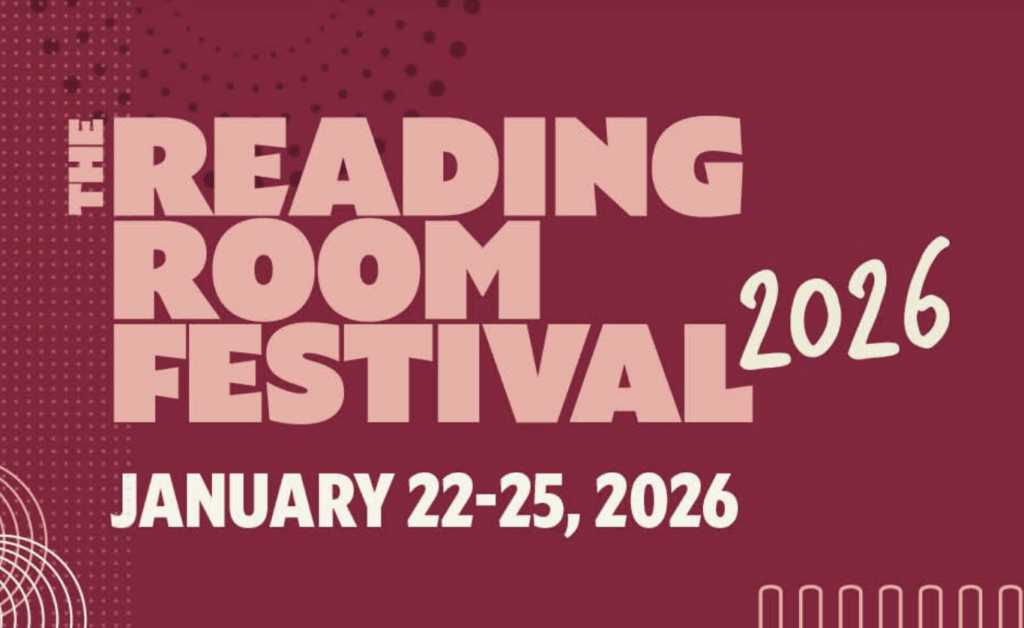 pink text over maroon background. The text reads "The Reading Room Festival 2026"