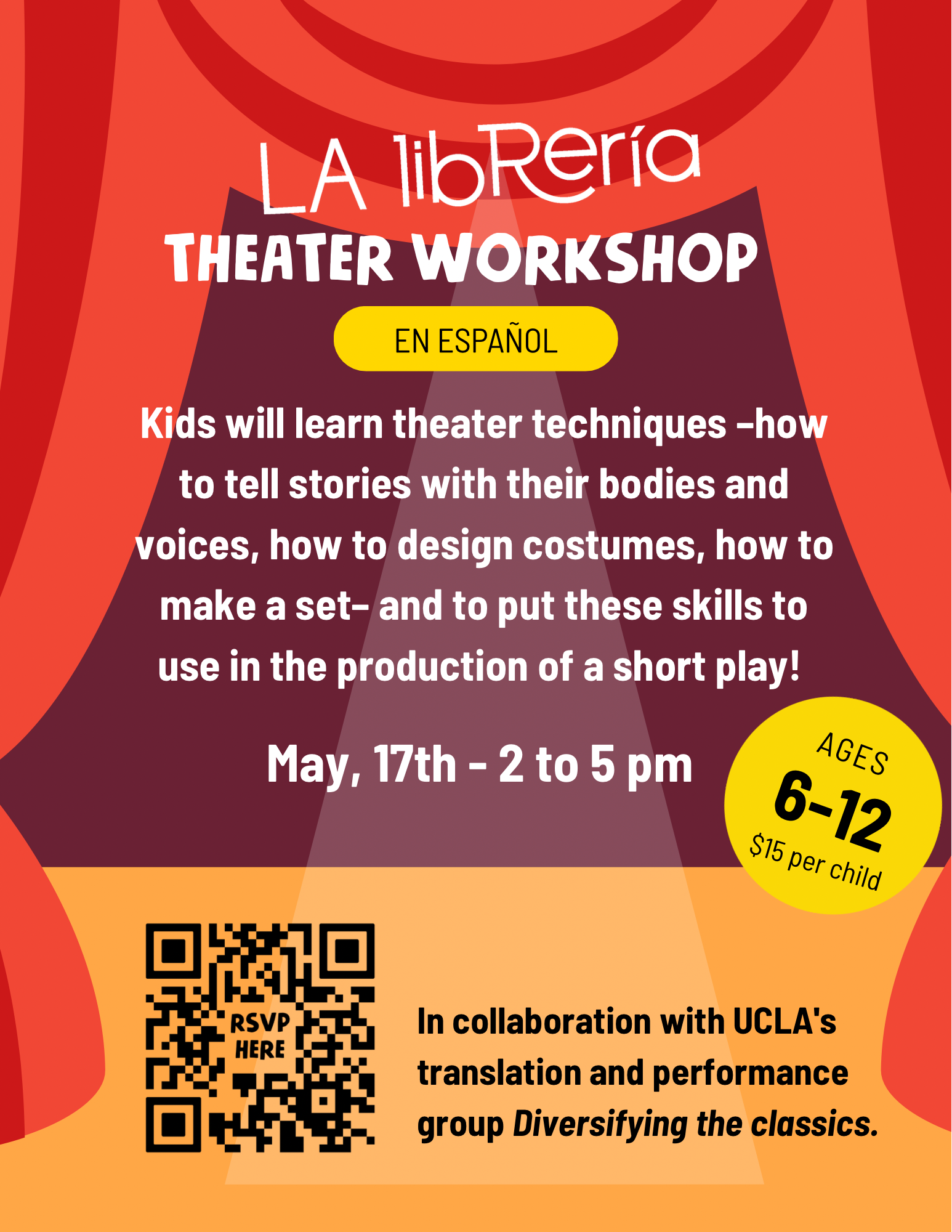 white text on red poster. The headline reads "LA Librería Theater Workshop"