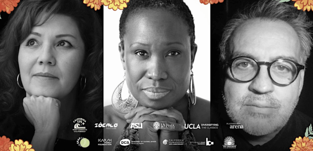 black and white photo close ups of three playwrights