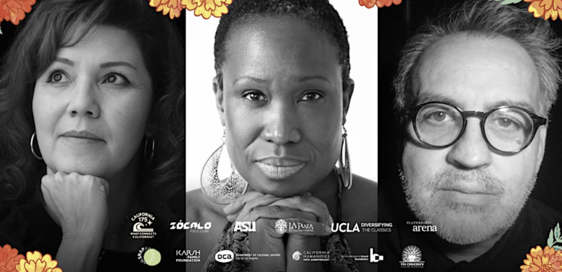 black and white photo close ups of three playwrights