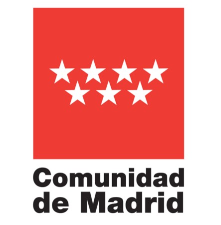 Logo of "Comunidad de Madrid" which is a red square with seven stars.